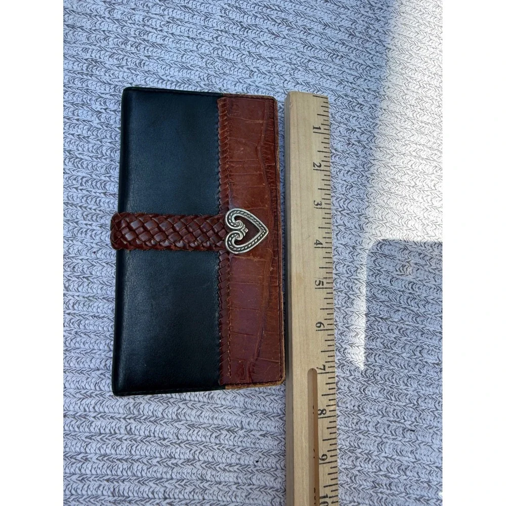 Vintage Brighton Wallet Womens Black Brown Leather Heart Buckle Slim Bifold